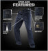 Condor Cipher Jeans in dark blue shown with callouts featuring gadget pockets, gusseted crotch, elastic waistband for IWB holster, and back pocket details—ideal for military or law enforcement—set against a black background.